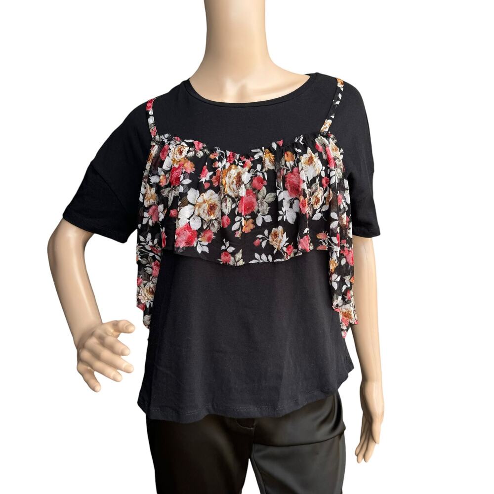 Polly & Esther Black Floral Mesh Ruffle Layered Tee Shirt NWT Women Size L